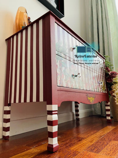 Whimsical Rustic Red Chest of drawers/low oak dresser.
